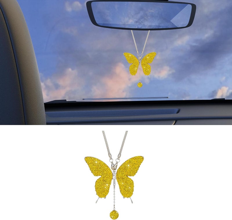 Couslcd Bling Butterfly Diamond Car Accessories, Crystal Car Rear View Mirror Charms for Women, Auto Decoration Lucky Hanging Interior Crystal Ornament Pendant Decor for All Cars (Yellow) - Image 1